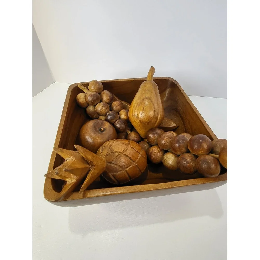 Vintage Mid Century Modern Monkey Pod Wooden Fruit Bowl Set 6 Piece Hand Carved